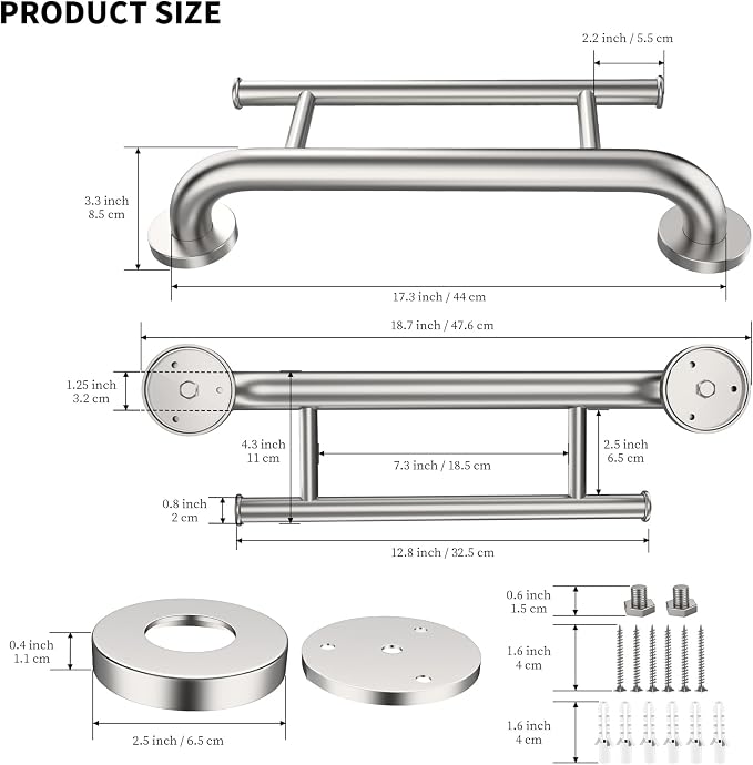 Brushed Nickel Grab Bar 17 Inch w/Towel Holder, iHansee Stainless Steel Shower Towel Bar Bathroom Balanced Support Handle, Wall Mount Safety Handrail Grab Rail for Elderly Senior Handicap Disabled