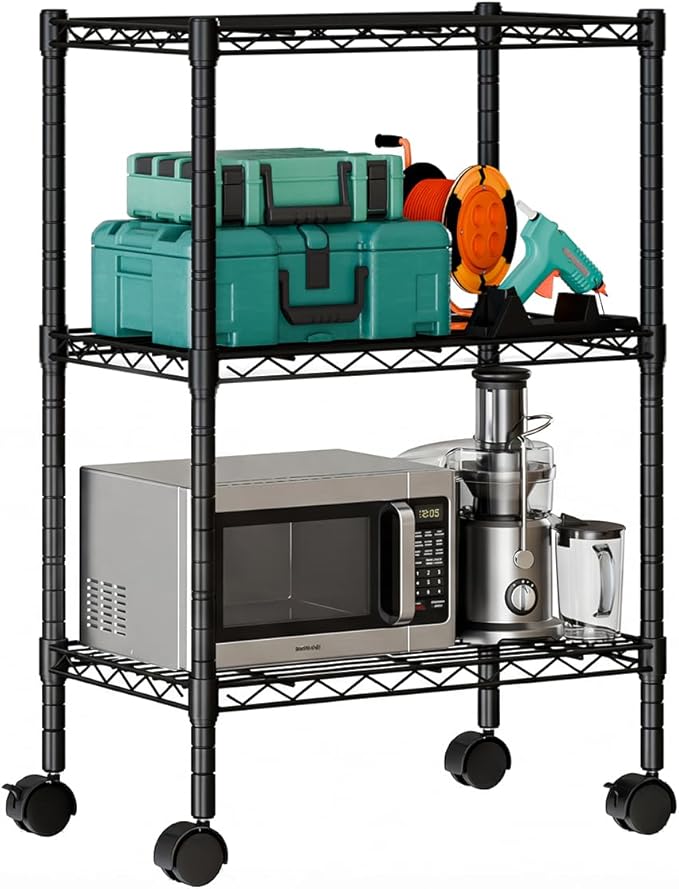 DUMOS 3-Tier Metal Wire Storage Shelves, Adjustable Standing Storage Rack Shelf with Wheels, Heavy Duty Steel Shelving Unit Organizers for Kitchen Bathroom Pantry Garage, 23.1" Wx13.4 Dx30.2 H, Black