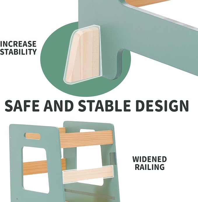 WOOD CITY Kitchen Step Stool - Safe Montessori Standing Tower for Kids with Safety Rail, Height Adjustable Toddler Ideal Helper for Learning New Skills, Anti-Slip Protection for Bathroom - Green…