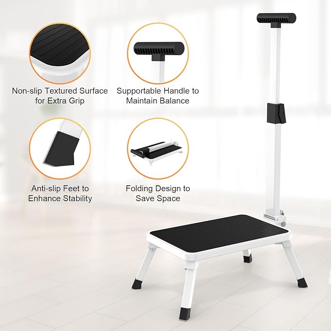 Step Stools for Adults, Foldable Step Stool with Handle for Elderly Seniors Stepping Stool with Non-Slip Step Platform Metal Stool in Kitchen, Bedroom,Bathroom,330 Lbs Capacity(Patent Protection)