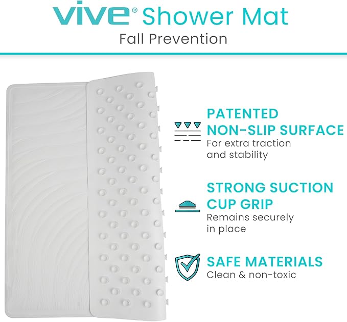 Vive Shower Mat - 22" by 22" Square Non Slip Large Bath Mat for Bathtub - Patented Design - Suction Cup Traction Skid Pad for Stalls Floors Tub - Textured Rubber with Drain Hole