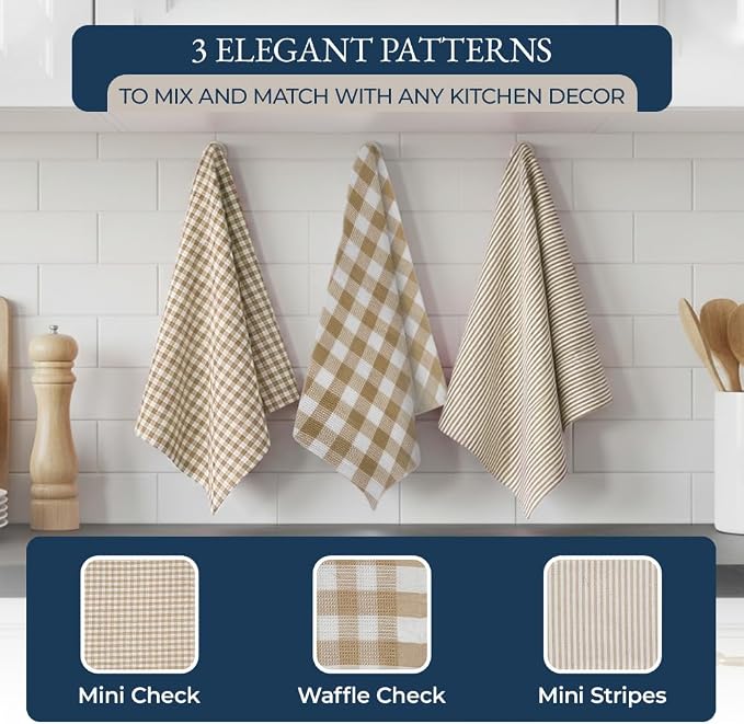 LANE LINEN 20 Piece Kitchen Linen Set - Soft Absorbent Cotton Dish Towels, Reusable Terry Dish Cloths, Flour Sack Towels for Baking, Quilted Oven Mitts & Pot Holders for Everyday Cooking - Beige