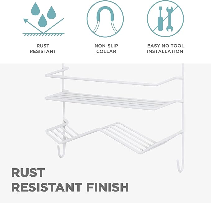 Zenna Home Rust Resistant Hanging Shower Caddy, Over the Shower Head Caddy with 1 Wide Shelf and Built In Soap Dish, Steel Bathroom Hanging Organizer, White
