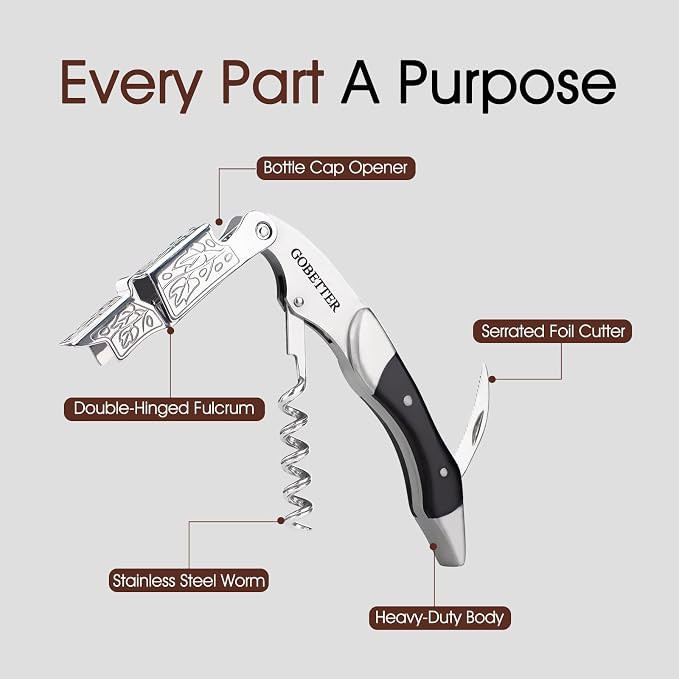 GOBETTER Wine Opener, Professional Corkscrews for Wine Bottles Cap Remover, Manual Wine Key for Home Use, Servers, Waiters Bartenders and Wine Lovers, Ebony Wood