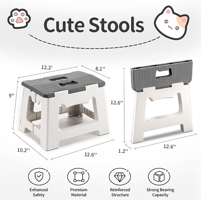 CasaZenith Step Stool Foldable, 9'' Folding Step Stool for Kids & Adults, Hold Up to 300lb, Lightweight Small Collapsible Step Stools with Handle, Stepping Stools Suitable for Kitchen Bathroom (Gray)