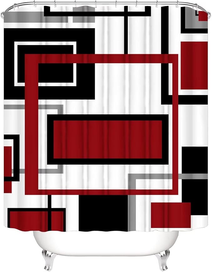 Yddsky 4 Pcs Red Geometric Shower Curtain Sets with Rugs Red Bathroom Sets with Shower Curtain and Rugs Modern Bathroom Curtains Shower Set with Toilet Lid Cover for Bathroom Decor Accessories