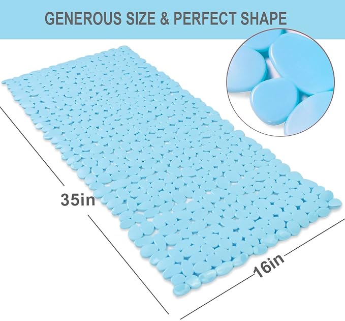 SONGZIMING Bathtub Mat Non Slip Pebble Bath Shower Mat with Drain Holes, Suction Cups Mat for Tub 16" W x 35" L, Blue
