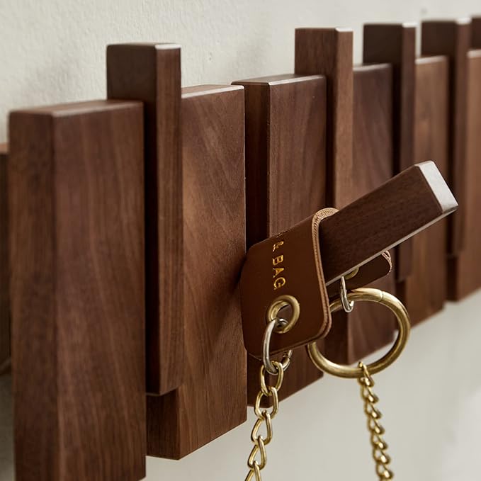 QUELLANCE Wooden Coat Hooks Wall Mounted, Coat Rack Hanger Wall Mount with 4 Hooks, Heavy Duty Coat Hooks for Hanging Coats/Keys/Hats/Robe&Towels/Plants/Bags, Home Decor Gift, Walnut