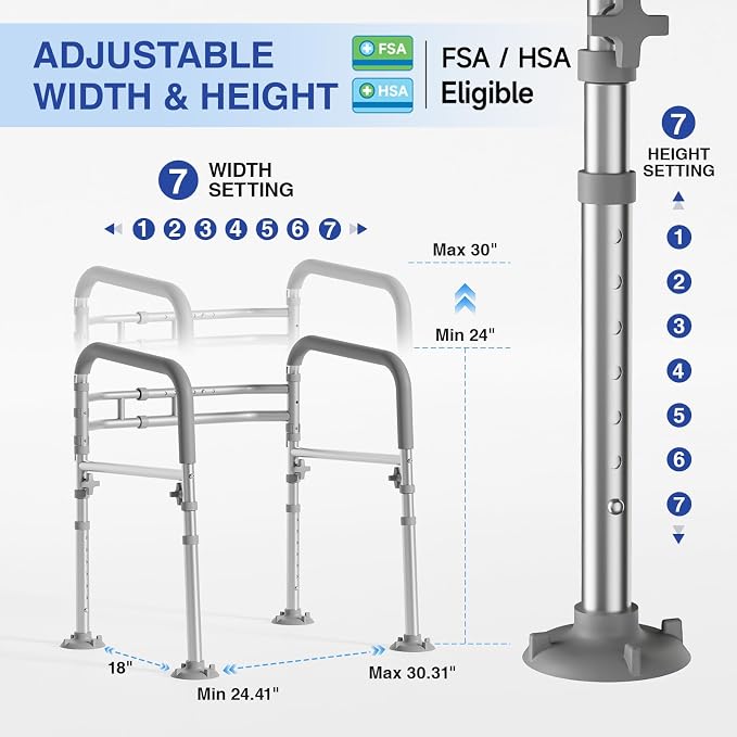 Loyoda Foldable Toilet Safety Rails for Seniors - Adjustable Toilet Safety Frame & Toilet Handles for Elderly & Disabled, Fits Most Toilets, 350lb Capacity, Gray | Safety Frame & Toilet Handles for Elderly & Disabled, Fits Most Toilets, 350lb Capacity,...