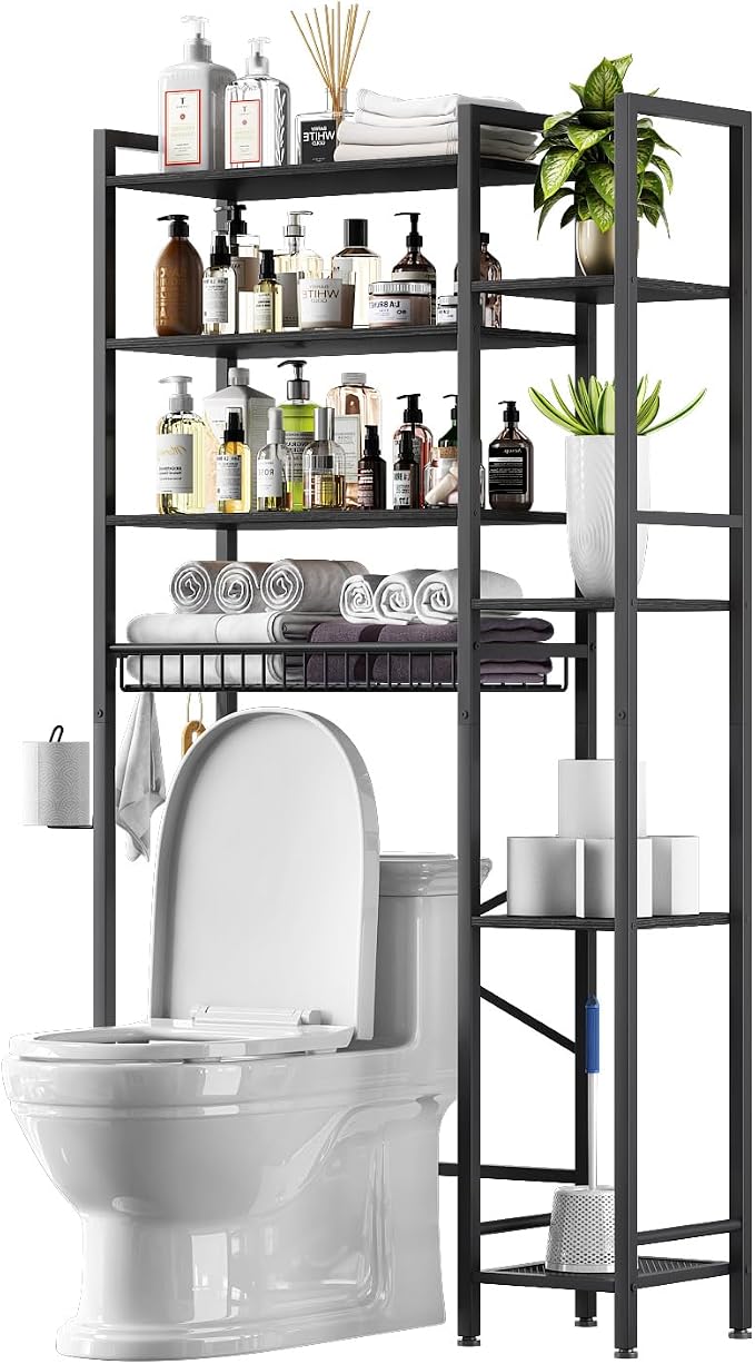 Kalrin 8-Tier Over The Toilet Storage with Side Rack, Over Toilet Storage Rack with Adjustable Shelf & Drain Basket, Freestanding Bathroom Organizer for Balcony, Laundry (Pure Black)