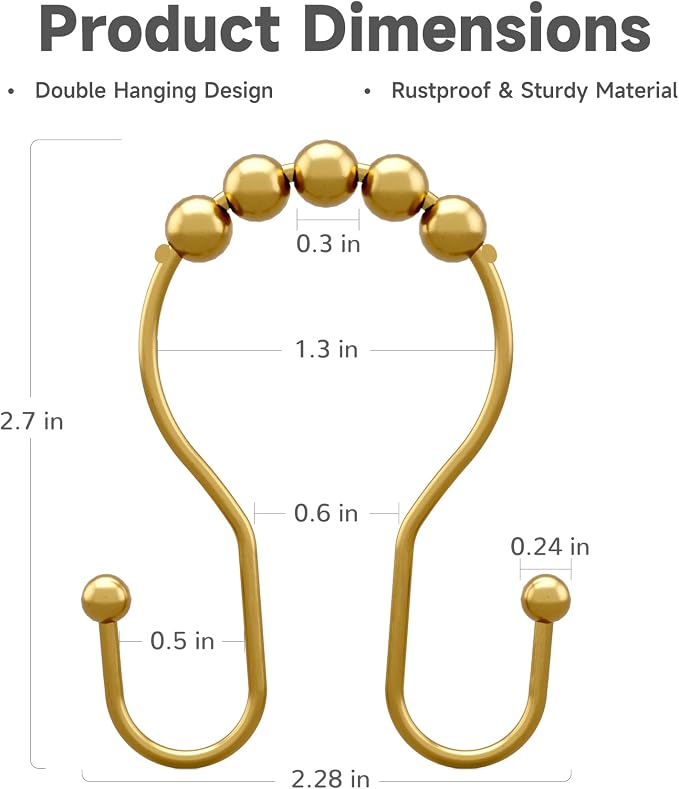 Bathway Shower Curtain Hooks, Shower Curtain Rings Rust Proof Double Hook Shower Curtain Hooks, 12 Pcs Dark Gold Shower Hooks for Shower Curtain, Shower Rings for Curtain, Metal Shower Rod Hooks