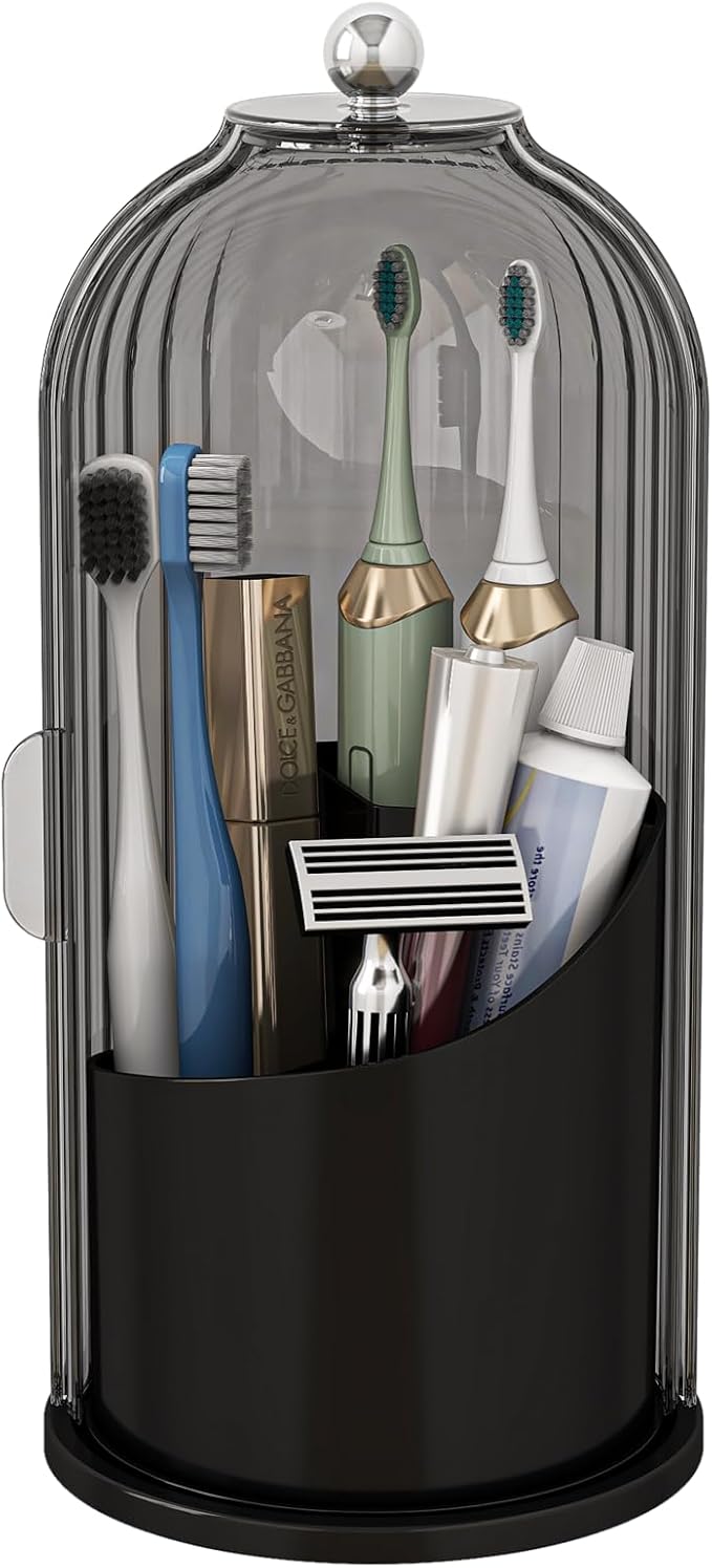 Toothbrush and Toothpaste Holders with Cover, Grey Black | Waterproof and Dustproof, 360° Rotating Base, Smooth Sliding Door, 3 Slots, for Bathroom Countertop