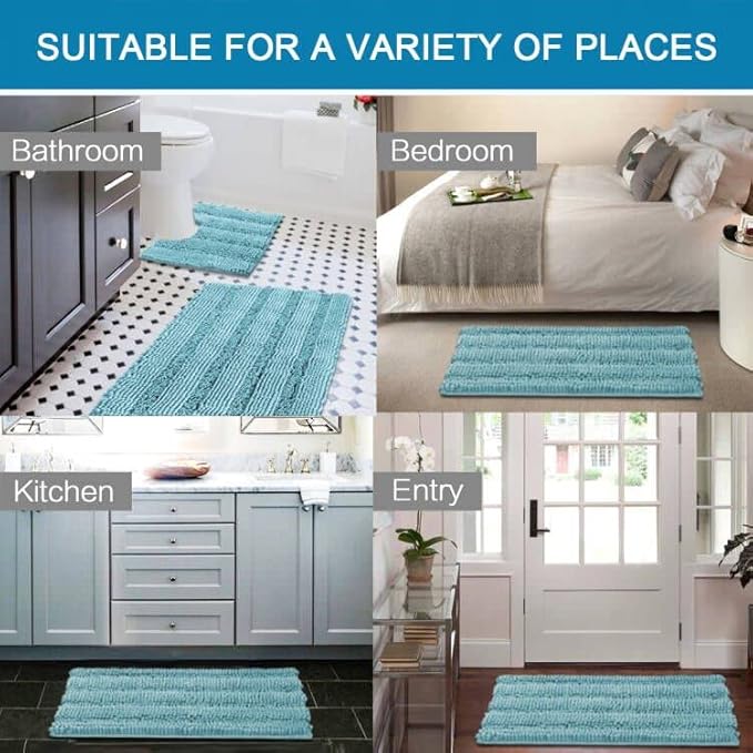 H.VERSAILTEX Bathroom Rugs Bath Rug Set 2 Piece Bathroom Contour Rug Toilet Mat Sets Non Slip Contour Bath Rug Ultra Thick Water Absorbent Striped Bath Mats(36" x 24" Plus 20" x 24" U, Aqua Haze)