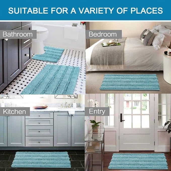 H.VERSAILTEX Bathroom Rugs Set 2 Piece Bathroom Contour Rug Toilet Mat Sets, Non Slip, Contou,r Ultra Thick, Water Absorbent, Striped Bath Rug, Washable(20" x 32" Plus 20" x 20" U, Aqua Haze)