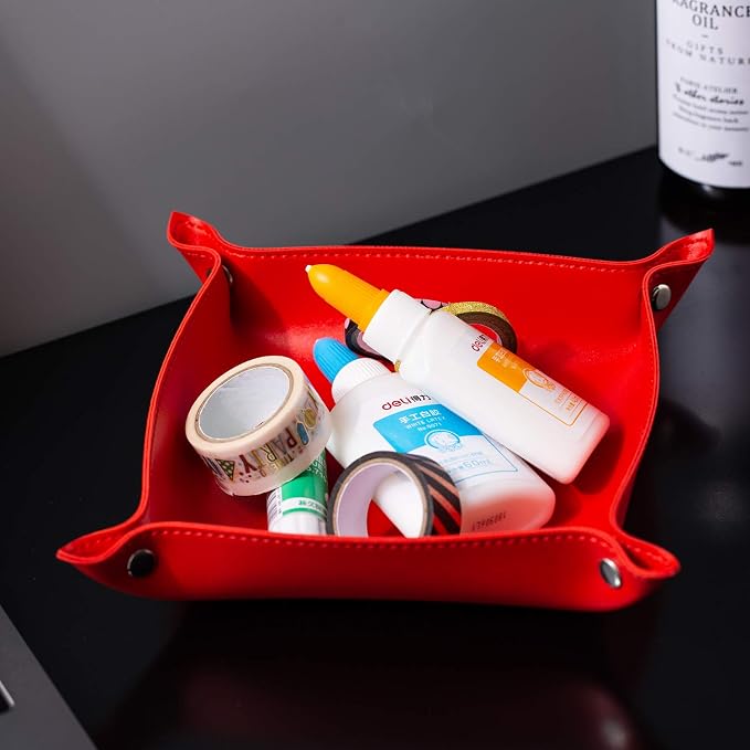 Leather Jewelry Valet Tray for Women and Man, Portable Entryway Table Tray Bedside Nightstand Desk Tray Small Catchall Travel Dish Plate for Key,Wallet,Watch,Coin (Red-B)