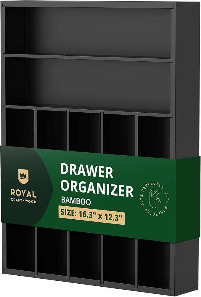 Luxury Bamboo Kitchen Drawer Organizer - Silverware Organizer - Utensil Holder and Cutlery Tray with Grooved Drawer Dividers for Flatware and Kitchen Utensils (7 Slot, Black)