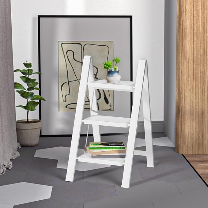 SOLADDER Step Ladder 3 Step Folding, Small Step Stool for Adults, Portable Anti-Slip Iron Stepladder with Wide Pedals for Home and Kitchen Use, Space Saving - White (300 lbs)