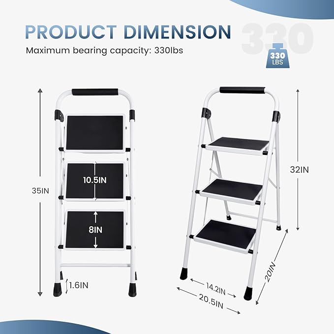DUMOS 3 Step Ladder, Sturdy Step Stool with Anti-Slip Pedal & Comfortable Handrail, Foldable Heavy Duty Step Stool for Kitchen, Garage & Outdoor Use, 330lbs, Black