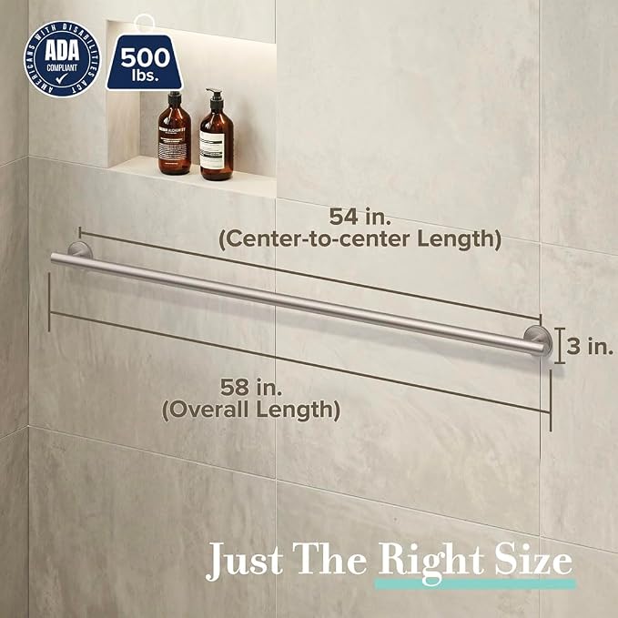 Gatco 859A Latitude II Grab Bar, 54 Inch, Satin Nickel/Wall Mounted Stainless Steel 54 Inch Safety Grab Bar for Bathroom