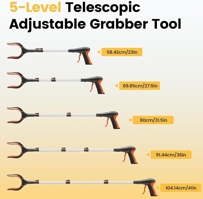 Telescopic Grabber Reacher Tool, 5-Level Adjustable (23" to 41") - Extendable Gripper and Reaching Tool, Heavy Duty Pick Up Stick Grabbers for Elderly, Surgery Recovery Must Haves (Orange)