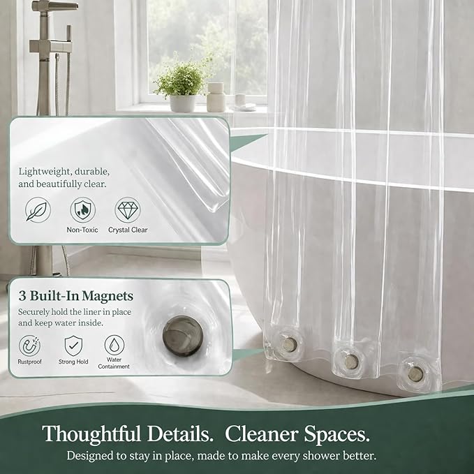 EHZNZIE Frosted Shower Curtain Liner 72x72, PEVA Waterproof Bath Curtain, No Chemical Smell, 3 Weighted Magnets, Durable with Rustproof Metal Grommets