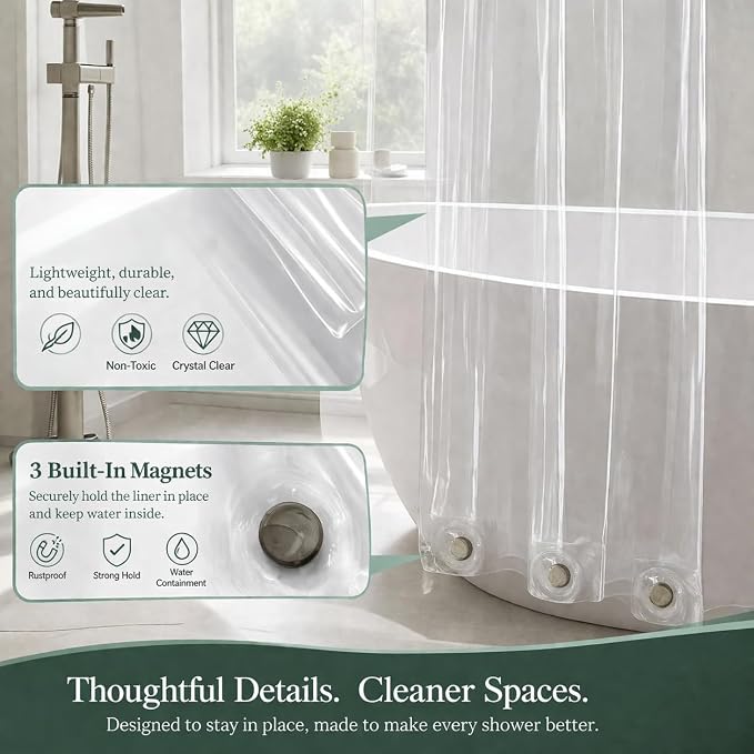 EHZNZIE White Shower Curtain Liner 72x84, PEVA Waterproof Bath Curtain, No Chemical Smell, 3 Weighted Magnets, Durable with Rustproof Metal Grommets