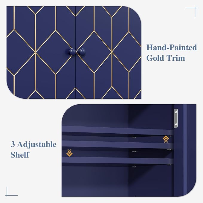 Gold Trim Over The Toilet Storage Cabinet, Double Doors Over Toilet Bathroom Organizer with Adjustable Shelves and Toilet Paper Holder, Modern Over Toilet Storage Cabinet for Bathroom (Blue)