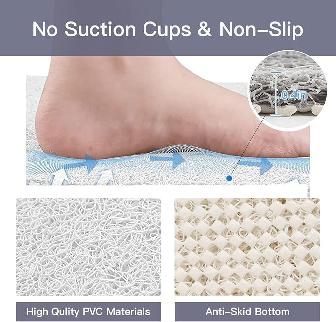 Shower Mat Non Slip,Soft Bath Mat with Drain,Quick Drying PVC Loofah Bathtub Mat for Bathroom,Without Suction Cups,24 x 24 Inch (White)
