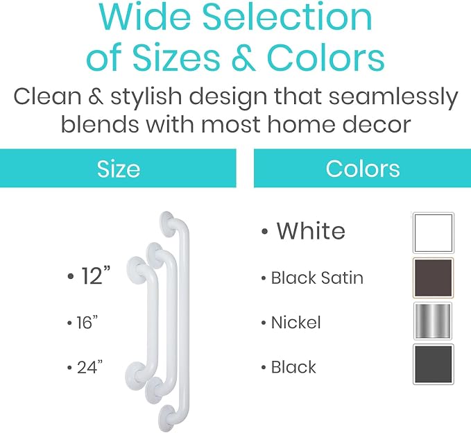 Vive Grab Bar for Showers - Bathroom Antislip Handrail for Seniors, Elderly Assistance Product, Heavy Duty Shower Handles, Handicap Grab Bars, Stainless Steel, Multipurpose, 440 lbs (White)