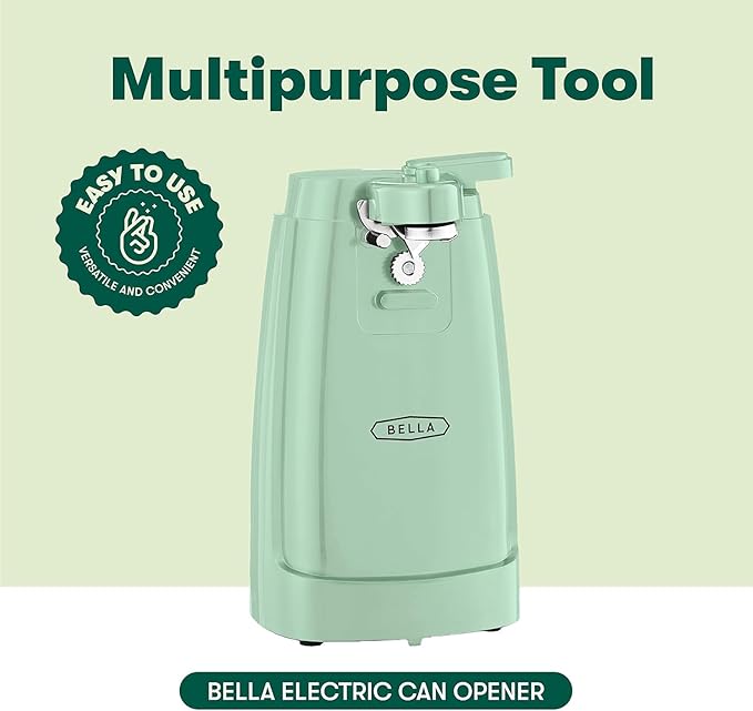 bella Electric Can Opener and Knife Sharpener, Removable Cutting Lever, Cord Storage, Stainless Steel Blade, Sage