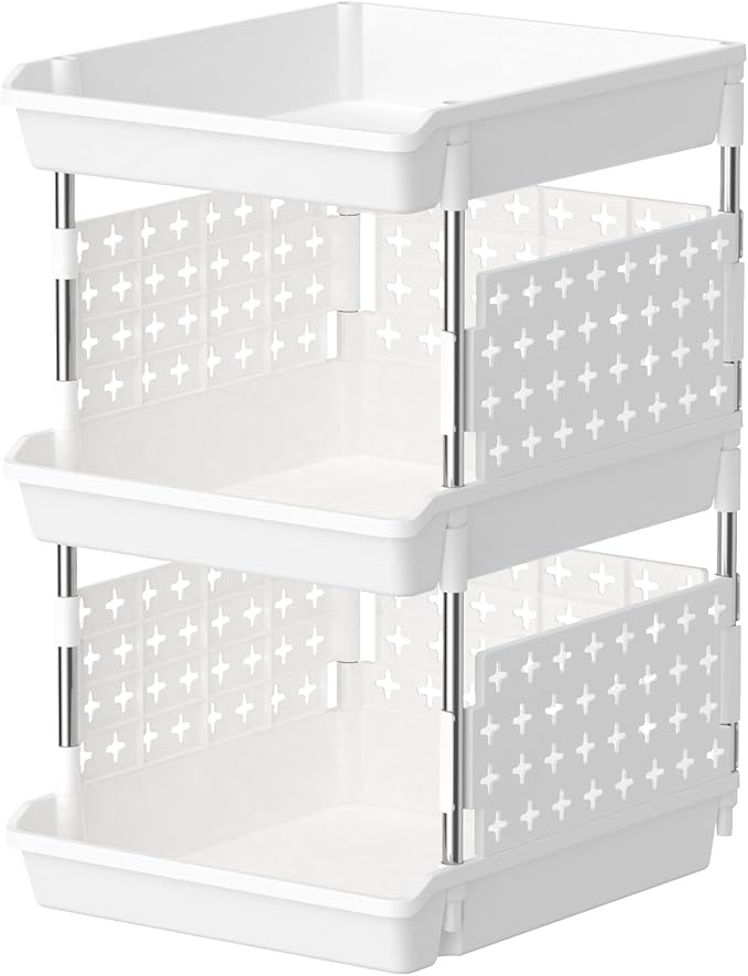 Lifewit Plastic Stackable Storage Baskets, 3 Tier Stacking Bins for Food and Clothes, Multifunctional Organizer for RV, Kitchen, Playroom, Pantry, White, 35 x 30 x 50 cm/14 x 12 x 20 inch, 1 Pack