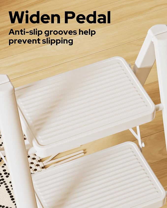 2 Step Ladder Portable Folding Step Stool with Anti-Slip Pedal, Lightweight Stepladder Multi-Use for Home and Kitchen, Saving Space, White, 300lbs