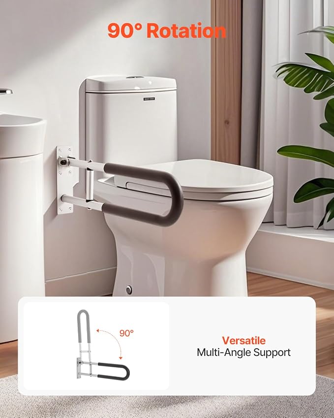 VEVOR Toilet Safety Rail, 23.8 Inch U-Shaped Handicap Grab Bar, Foldable Senior Safety Pole, Flip Up Toilet Grab Bar with Anti-Slip Support Handle, 300 Lb Load Capacity for Elderly, Disabled, Pregnant