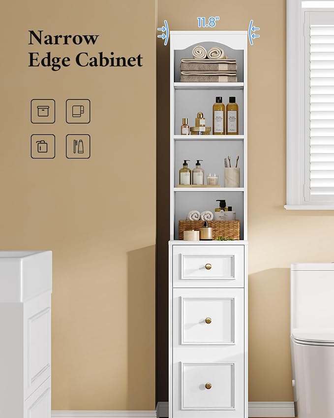 67" Tall Bathroom Storage Cabinet with 4 Open Shelves, Drawer & Cabinet, L-Shaped Narrow Bathroom Storage Cabinet with Adjustable Shelf, Bathroom Storage Cabinet for Bathroom, Living Room, White