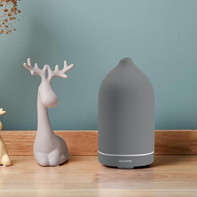 Gooamp 200ML Ceramic Essential Oil Diffuser - Ultrasonic Aromatherapy & Humidifier with 7-Color LED Lights, Auto Shut-Off, Grey, 1H/3H/6H Timer | Scent for Home,Office,Yoga