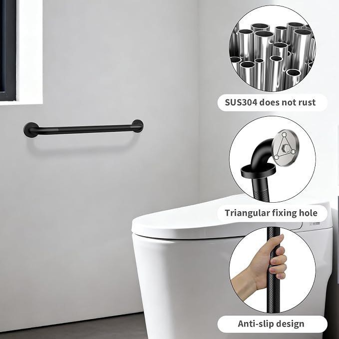 2 Pack 24 Inch Shower Grab Bar, ZUEXT Matte Black Stainless Steel Bathroom Safety Handle w/Knurled Grip, Heavy Duty Wall Mounted Bathtub Toilet Support Rail for Seniors Disabled (1.25" Diameter)