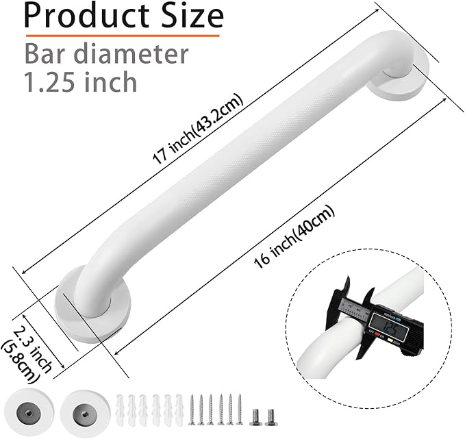 Shower Grab Bar, 2 Pack 16 Inch White Bathroom Grab Bar, 1.25" Diameter 304 Stainless Steel Anti-Slip Grab Bars for Bathtubs and Showers, Handicap Shower Grab Bar for Seniors Elderly