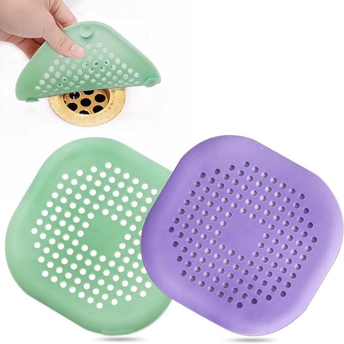 Hair Drain Catcher,Square Drain Cover for Shower Silicone Hair Stopper with Suction Cup,Easy to Install Suit for Bathroom,Bathtub,Kitchen 2 Pack (Purple Green)