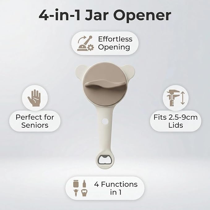 4-in-1 Jar Opener for Seniors, Easy Grip Adjustable Lid Opener for Weak Hands, Multi Function Bottle & Jar Opener, Kitchen Tool for Opening Tight Lids and Caps (Beige)