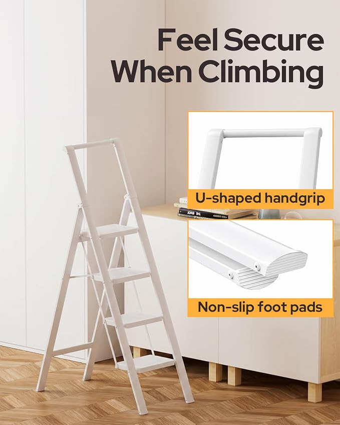 5 Step Ladder for 10 Feet High Ceiling, Folding Step Stool Stepladders with Anti-Slip and Wide Pedal for Home and Kitchen Use Space Saving (White)