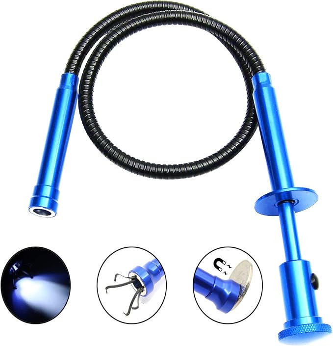 Flexible Claw Pickup Tool with Magnet Tool Flexible telescoping Claw led Light Grabber Extend，Long 28'' Four Claw 4-Claw for Small Parts Pickup Reacher Tool for Mechanics,Jewelry,Kids,etc. (Blue)
