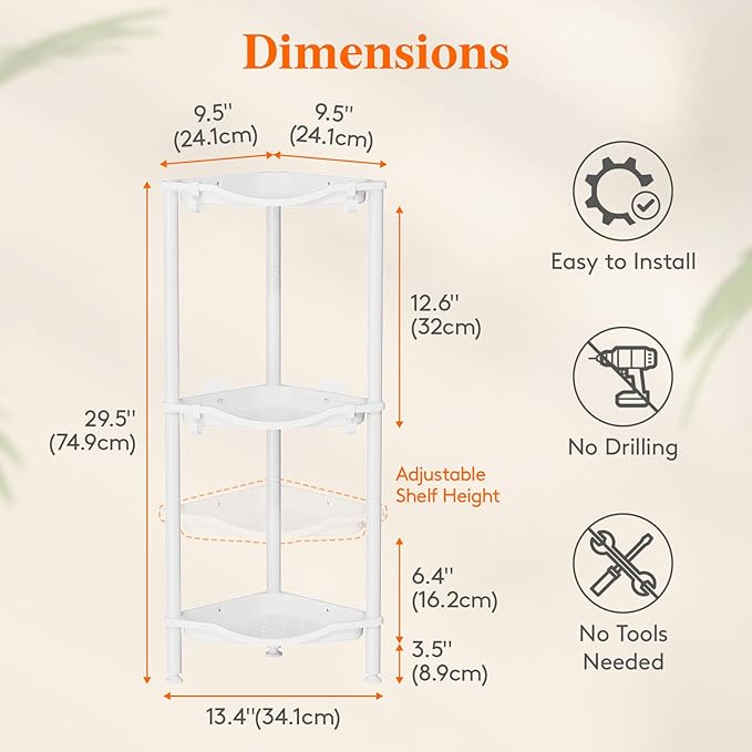 Lifewit Floor Standing Shower Caddy Corner, 3 Tier Plastic Shower Stand Rack with Adjustable Feet and Hooks, Rustproof Bathroom Shelf Organizer, White, 34 x 24 x 75 cm/13 x 9.5 x 29.5 inch