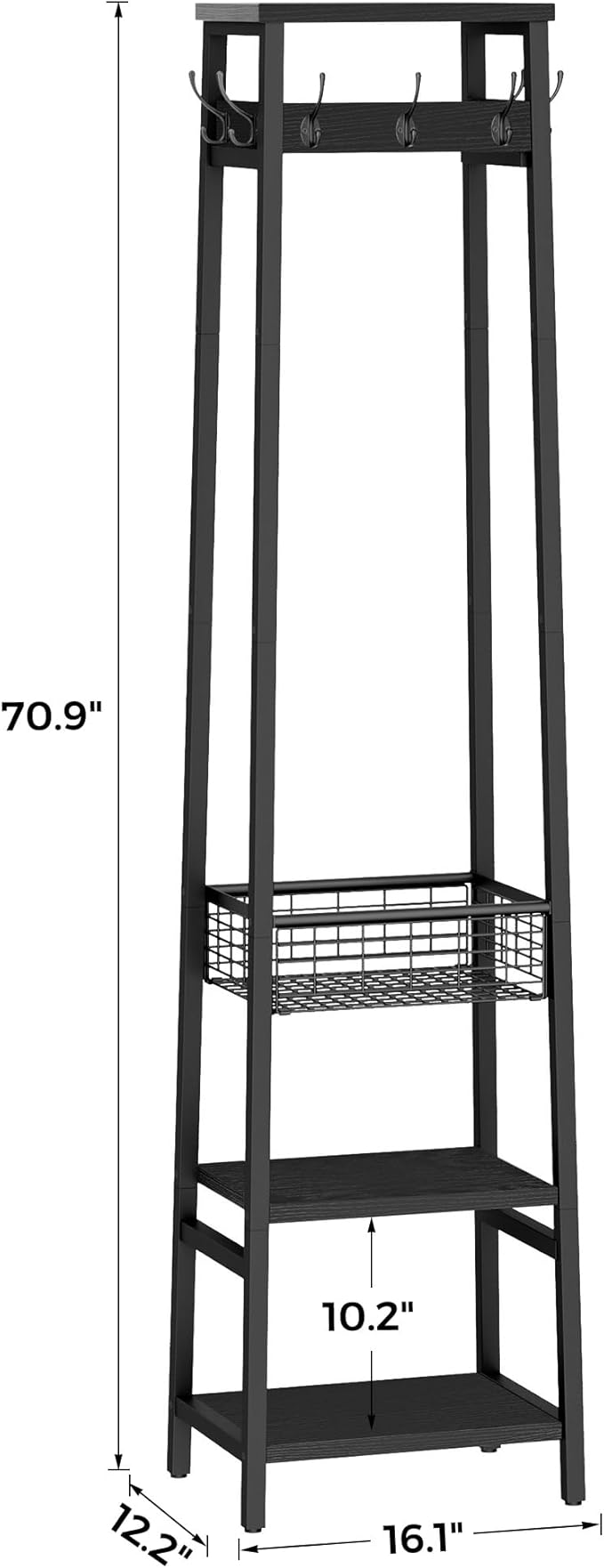 Coat Rack Freestanding, Coat Stand with Metal Basket and Storage Shelves, Hall Tree Free Standing with and 7 Hooks, Clothes Rack Stand Organizer, Black