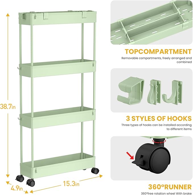 SPACELEAD Slim Storage Cart 4 Tier,Bathroom Organizer Rolling Utility,Mobile Shelving Unit Slide Out for Office, Kitchen, Laundry Room & Narrow Places，Green