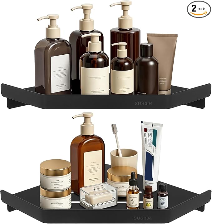 NearMoon Bathroom Shower Caddy 2 Pack, 304 Stainless Steel Shower Organizer, Screw Mounted (Diamond Corner Shelf, Matte Black)