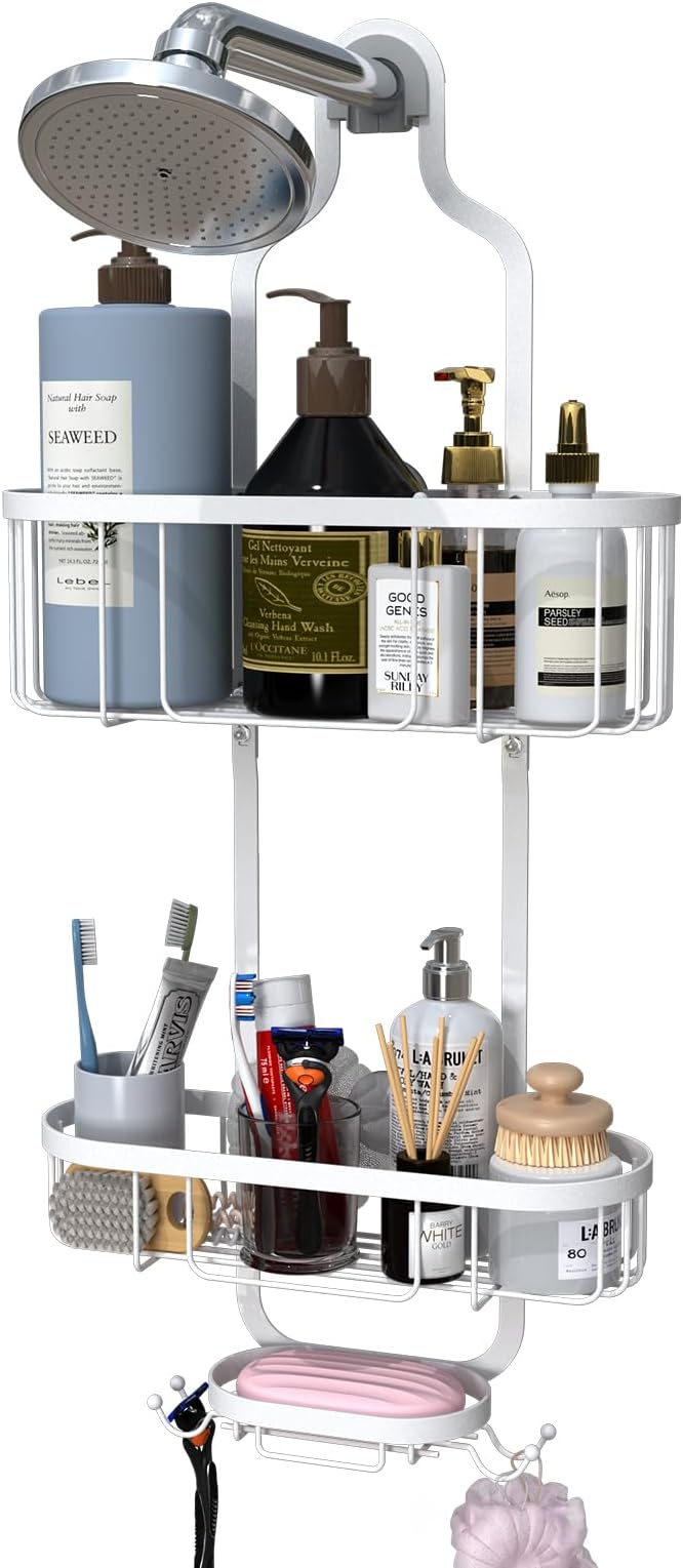 White Hanging Shower Caddy, 3-Tier Bathroom Organizer with Soap Dish, Rust Resistant, Quick Dry, Assembly Required