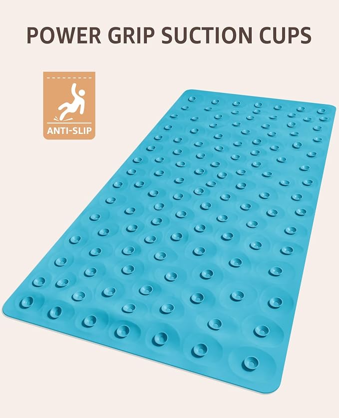 Bligli Non Slip Bathtub Mat, 16x31.5 Inch Standard Non-Slip Bathmats with Strong Suction Cups, Soft Rubber Anti-Slip Bathroom Floor Mat, Machine Washable, Comfort on Feet, 100% BPA Free (Blue)