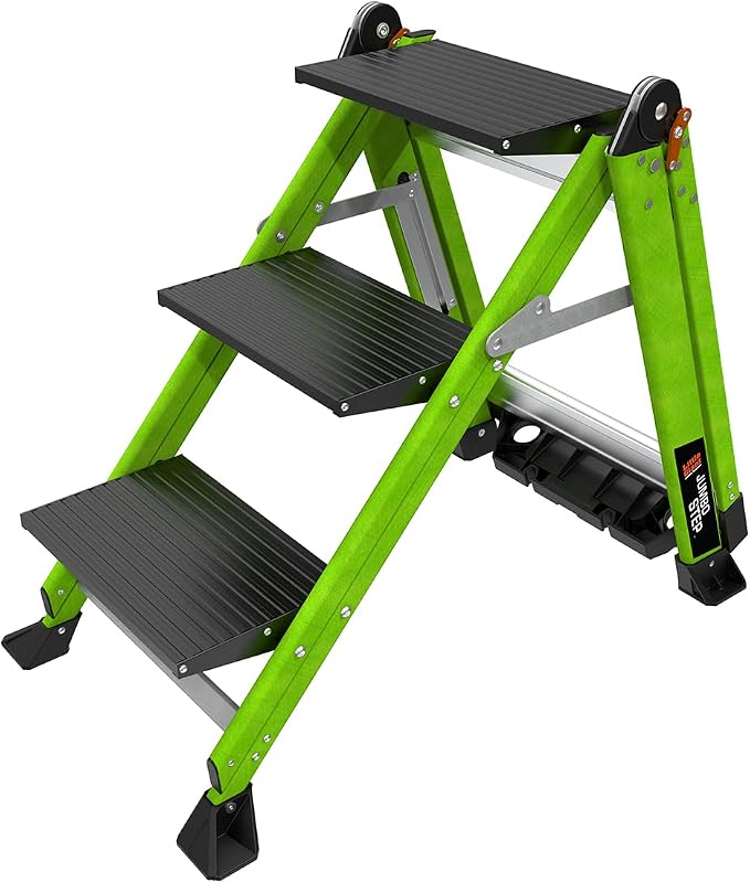 Little Giant Jumbo Step 3-Step Foldable 3-Ft Fiberglass Stool, Non-Conductive, Hi-Viz Green Rails, Extra-Wide Stair-Like Treads, Rotating Handrail, 375 lb. Type IAA, 11933
