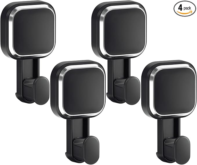 LEVERLOC 4 Pack Suction Cup Hooks for Inside Shower, Powerful Vacuum Suction Shower Holder for Towel, Loofah, Clothes, Damage Free Hanging Bathroom Wall Hooks, Easy to Install and Remove, Black