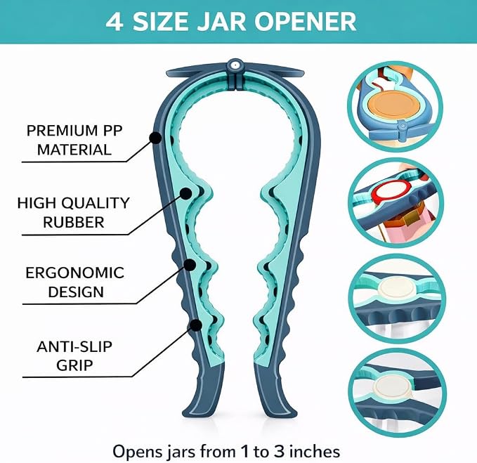 4-in-1 Multi-Function Bottle Opener Set for Jars, Bottles and Wine with Non-Slip Grip (Grey + Sky Blue)